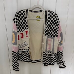 Checkered Knit Cardigan with Graphic Patches